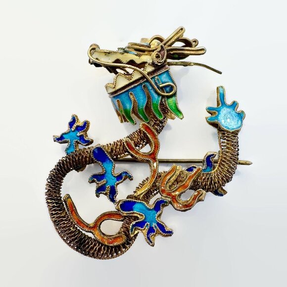 Jewelry - Chinese Export, Dragon, Brooch, Pendant, Enamel, Gold Gilt, Sterling, Vintage